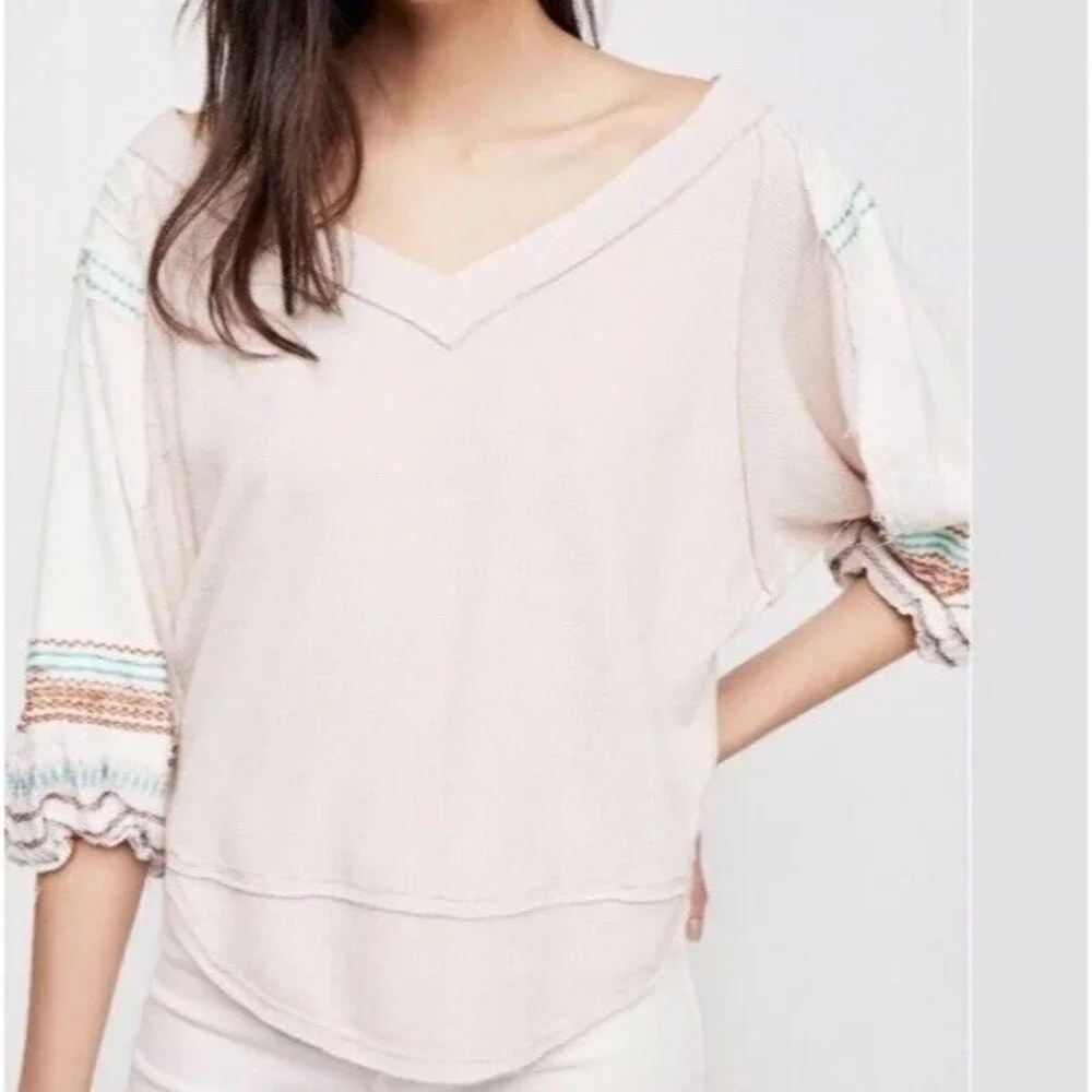 Free People Shirt Womens M Bubble Tee Tops Blouson puff Sleeves embroidered Pink